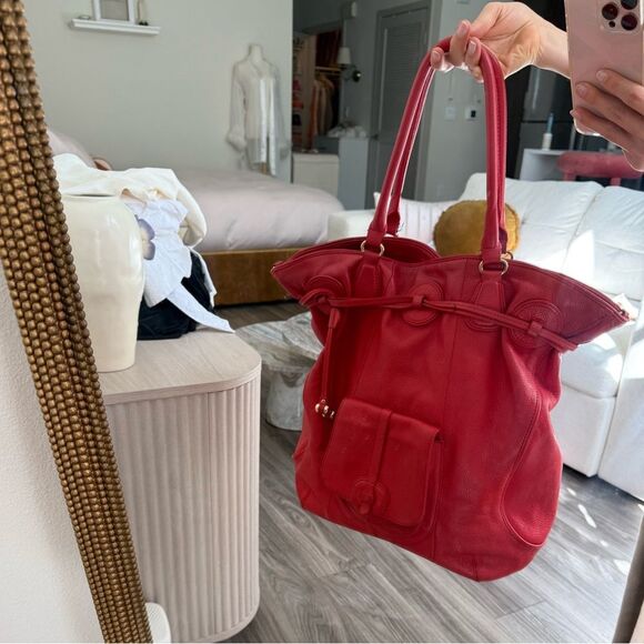 Isaac Mizrahi Large RED 100% genuine Leather Bag Tote Purse gold hardware - Picture 3 of 16